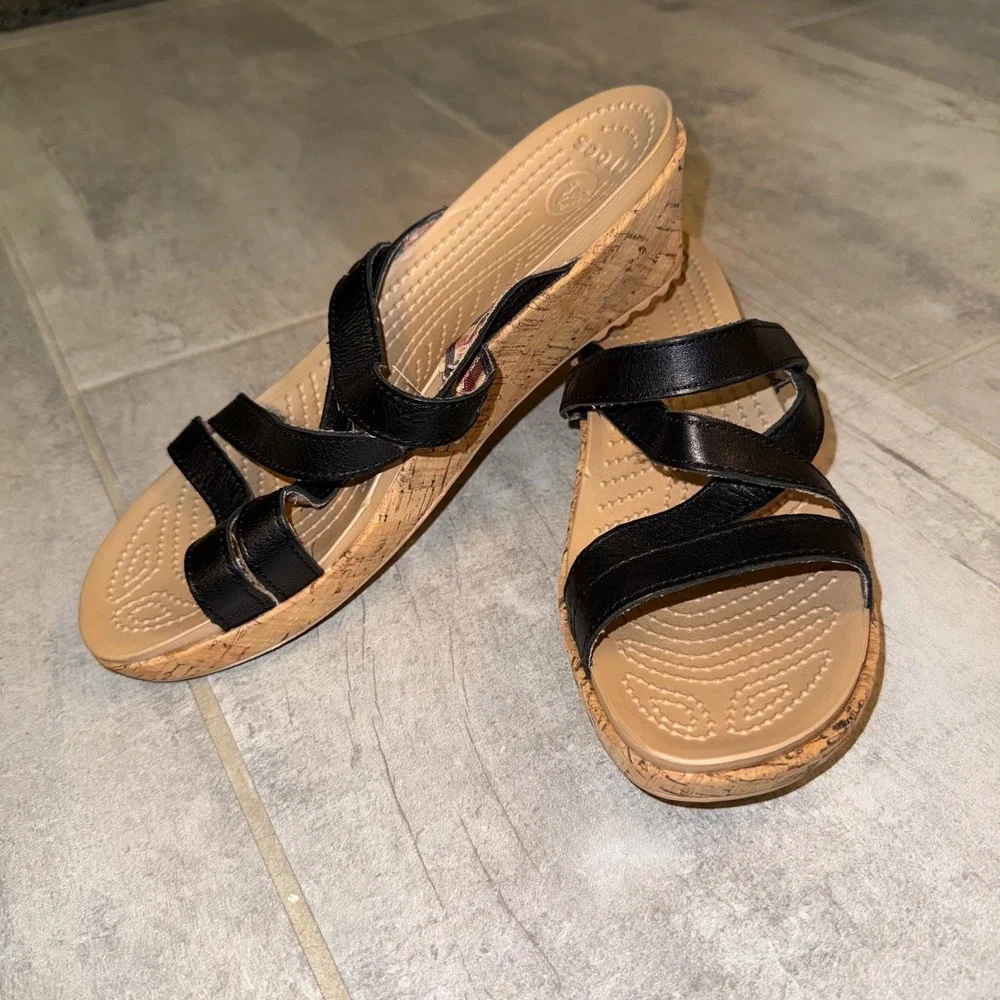 Crocs Women's Size 9 We Sandals Black‎ Strappy Cork Comfort Casual Shoes